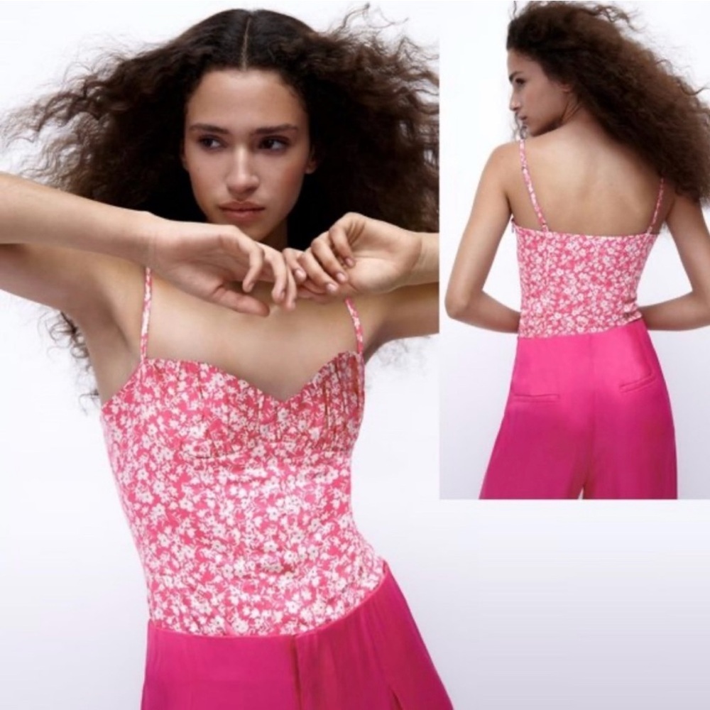ZARA Pink Floral Structured Corset Bodysuit Sweetheart Neckline XS